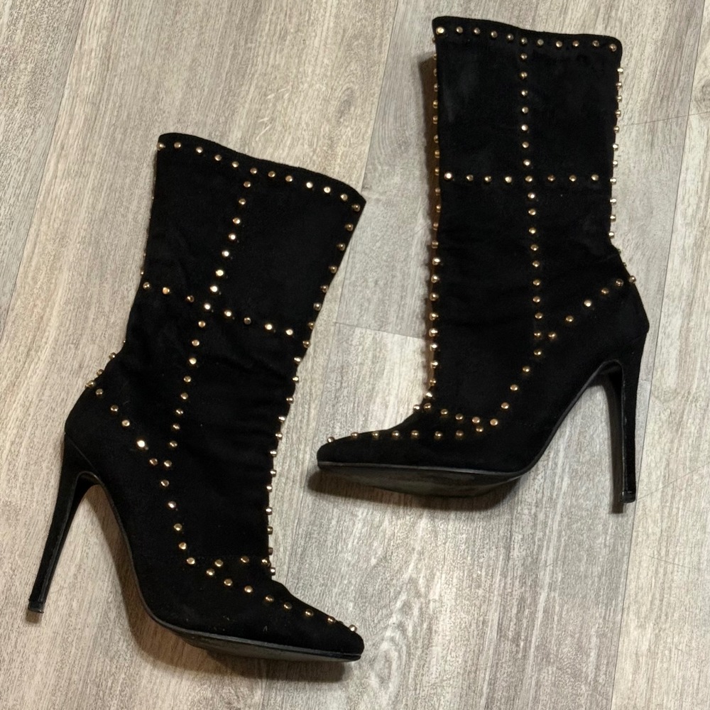 Black Faux Suede Gold Studded Mid Calf Stiletto Boots Pointed Toe Size 5